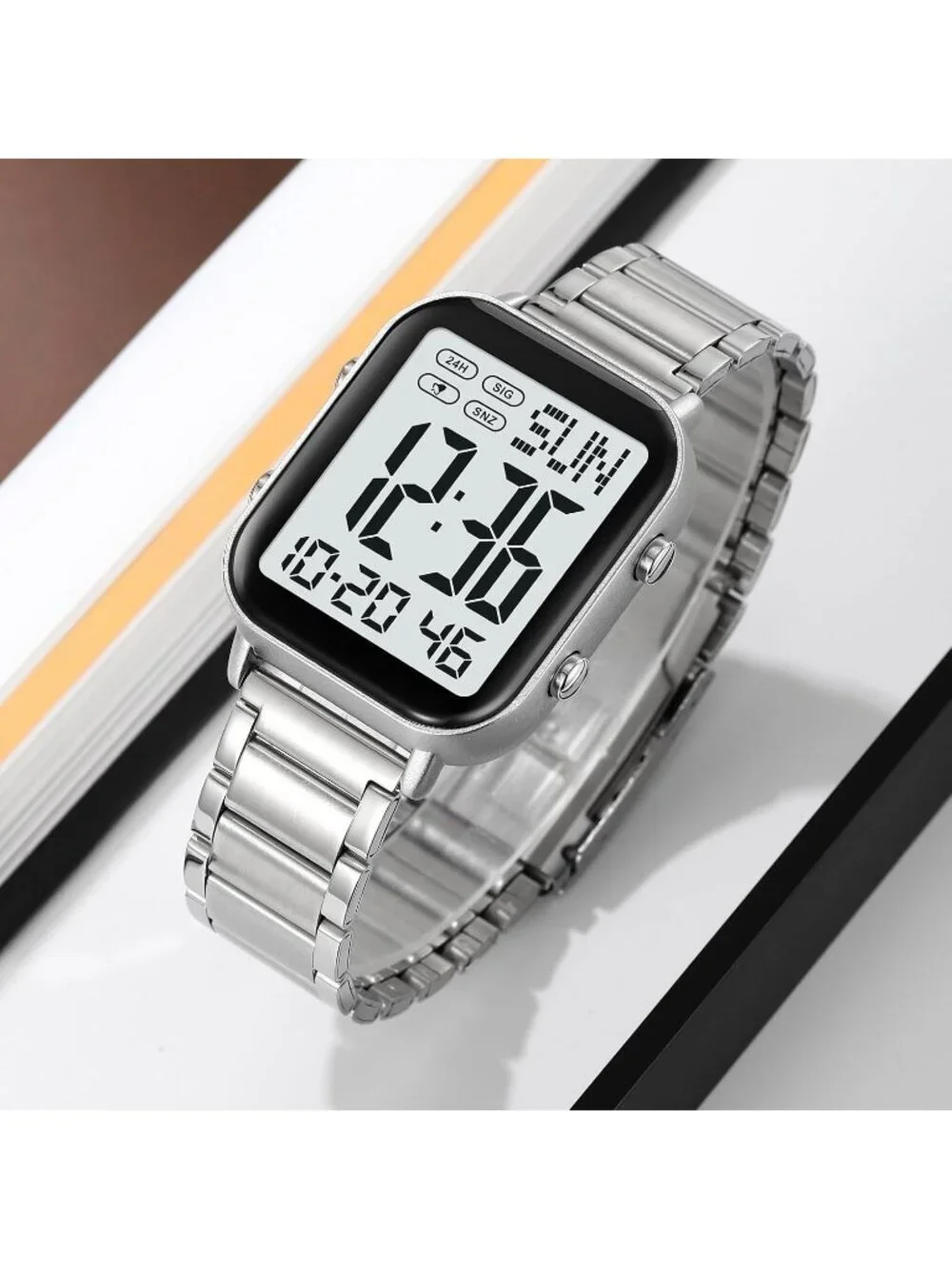 Unisex Silver Analog Stainless Steel Waterproof Electronic Square Digital Watch